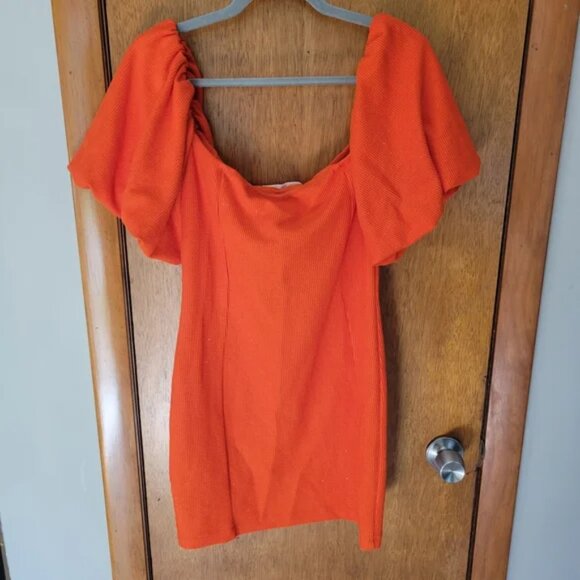 Free People FP Beach Orange Puff Sleeve Ribbed Dress M NWT Holiday Party Resort - Picture 5 of 5